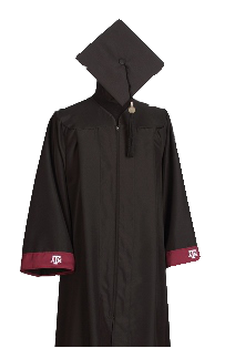 Black regalia gown with maroon trim and white ATM logo